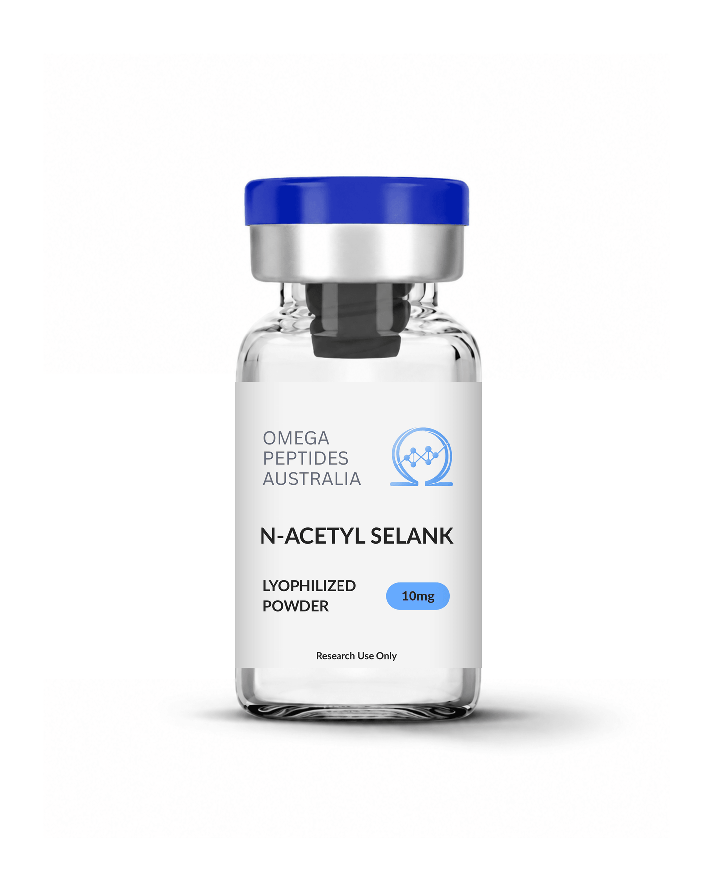 N-Acetyl Selank 10mg research peptide vial by Omega Peptides Australia with COA verified purity and Australian shipping