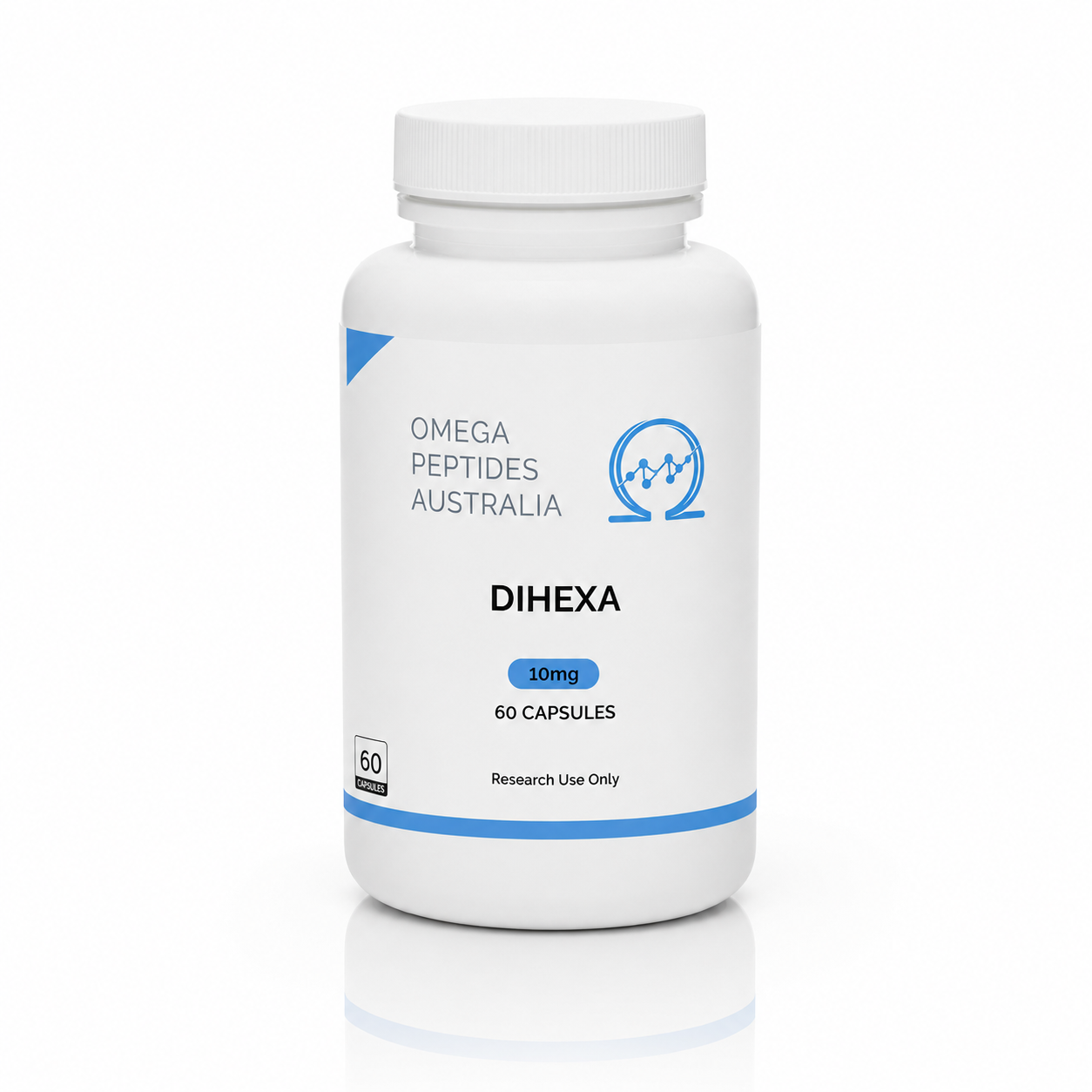 Dihexa 10mg 60 capsules research compound bottle - Omega Peptides Australia
