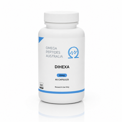 Dihexa 10mg 60 capsules research compound bottle - Omega Peptides Australia
