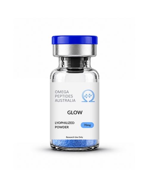 Glow 70mg research peptide blend vial, GHK-Cu BPC-157 TB-500, Omega Peptides Australia